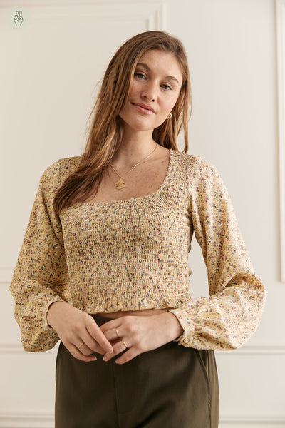 Blouse col carré nid-d'abeilles - 4056 (Seconde Main)-Recurate-Jaune-M-649575a1-36b5-4b54-b504-73962b06e236-WOMANCE