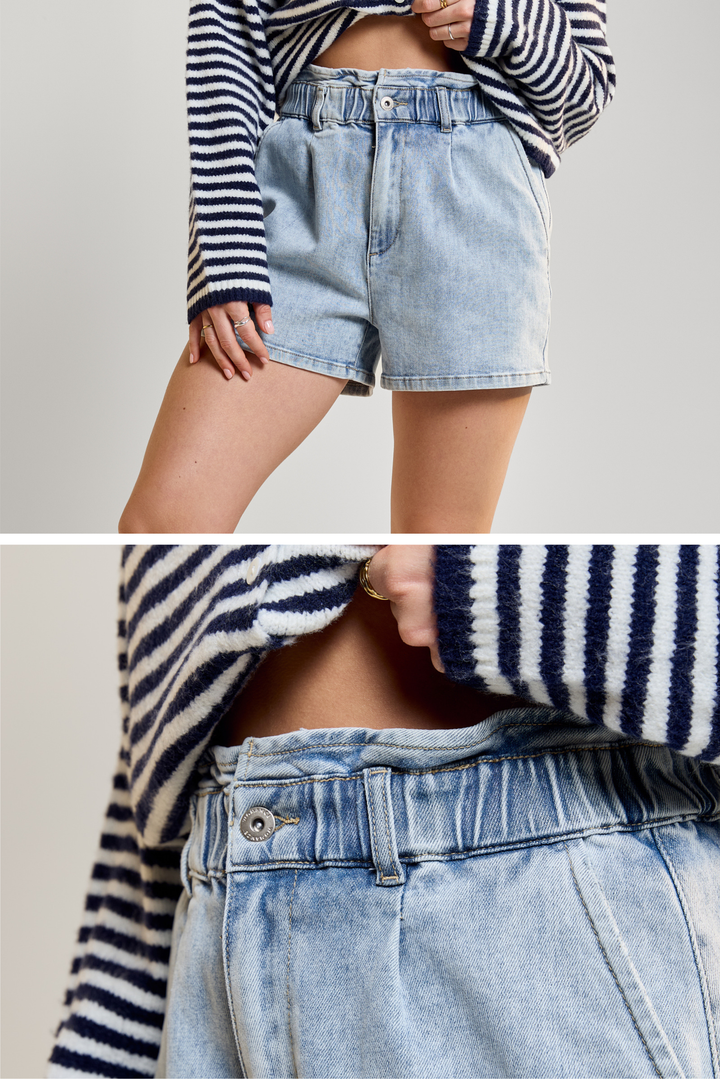 Denim Shorts with Elastic Waistband - 7051 | Womance