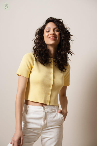 Cardigan à manches courtes AZ367 (Seconde Main)-Chandail - Seconde main-Trove-Jaune-L-f2622b00-51ac-4ebf-b2a8-01205addbbd7-WOMANCE